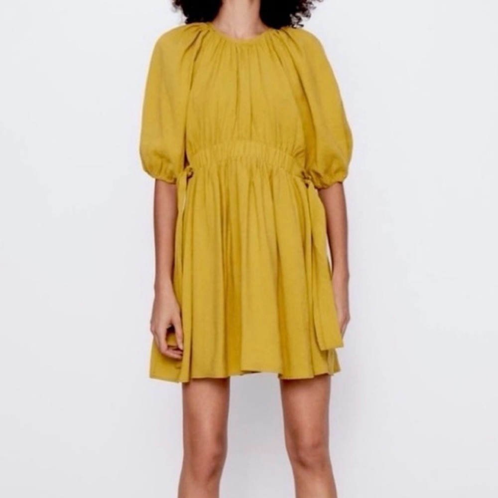 Zara Yellow Puff Sleeve Babydoll Mini Dress Ruched Waist NWT Size M
